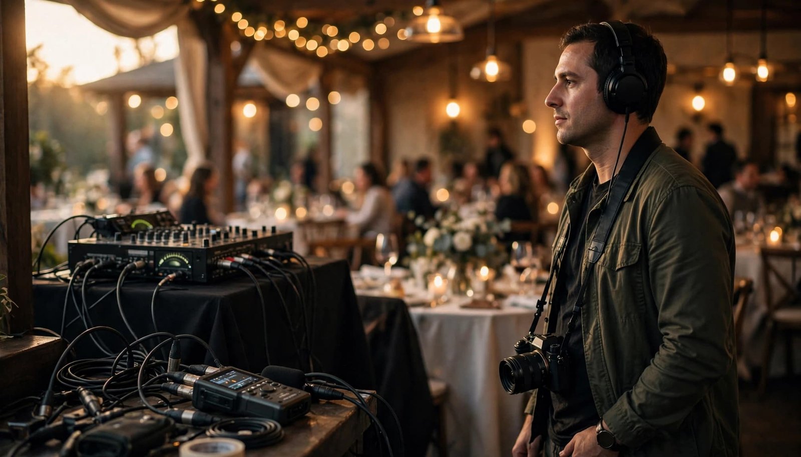 A wedding videographer wearing headphones stands near a DJ mixer and audio equipment.