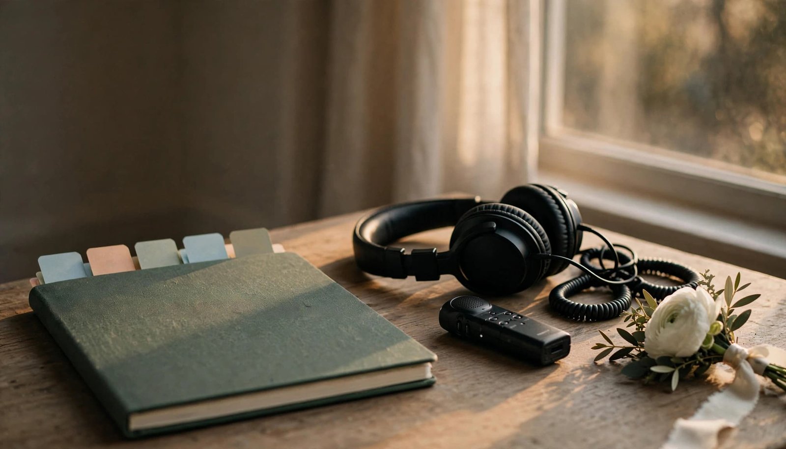 A notebook, headphones, and audio recorder sit near a boutonniere in a sunlit studio.